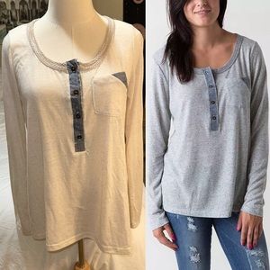 BKE | Nubby Sheer Distressed Knit Henley Heathered Linen Blend French Terry